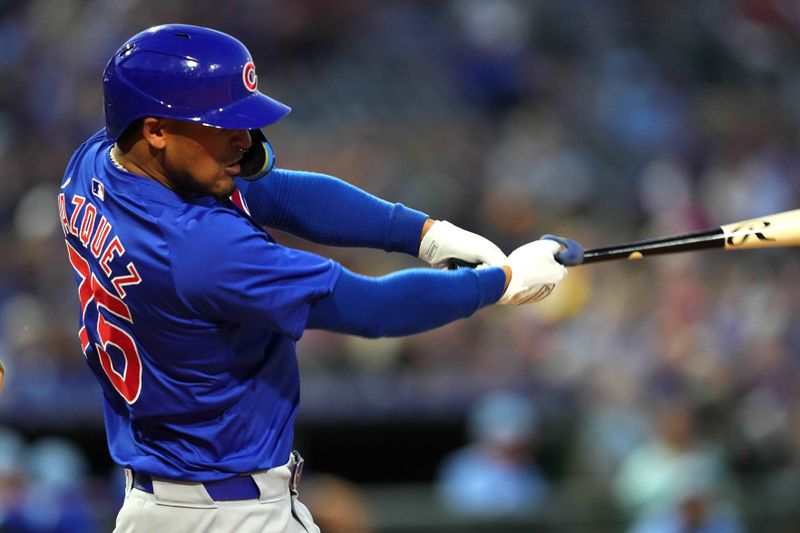 Mar 5, 2024; Surprise, Arizona, USA; Chicago Cubs shortstop Luis Vazquez (75) bats against the Kansas City Royals during the third inning at Surprise Stadium. Mandatory Credit: Joe Camporeale-USA TODAY Sports