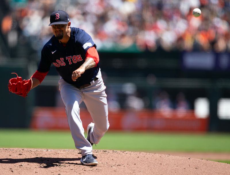 Jul 30, 2023; San Francisco, California, USA; Boston Red Sox starting pitcher Brennan Bernardino (83) delivers a pitch against the San Francisco Giants during the first inning at Oracle Park. Mandatory Credit: D. Ross Cameron-USA TODAY Sports