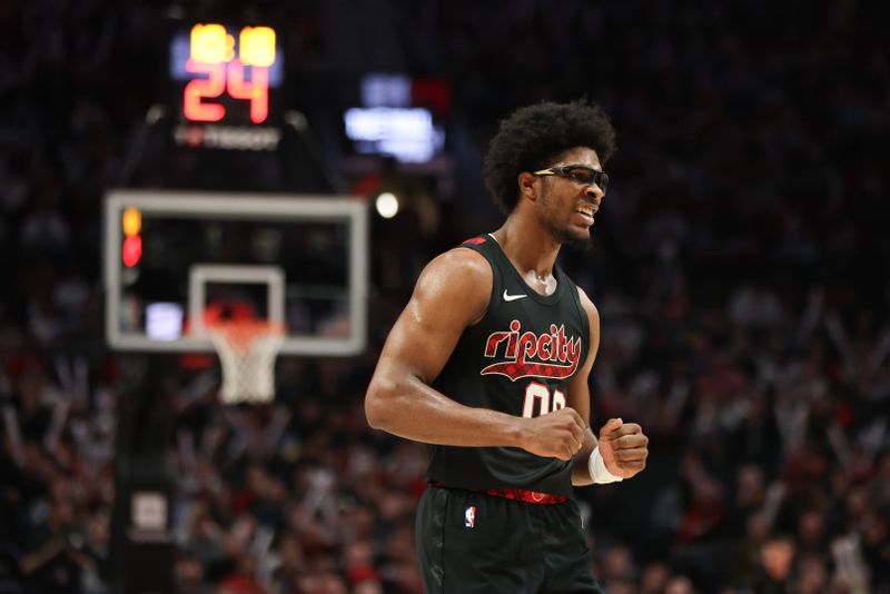 PORTLAND, OREGON - APRIL 12: Scoot Henderson #00 of the Portland Trail Blazers reacts during the fourth quarter against the Houston Rockets at Moda Center on April 12, 2024 in Portland, Oregon. NOTE TO USER: User expressly acknowledges and agrees that, by downloading and or using this photograph, User is consenting to the terms and conditions of the Getty Images License Agreement.? (Photo by Amanda Loman/Getty Images)