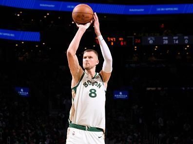 BOSTON, MA - NOVEMBER 10: Kristaps Porzingis #8 of the Boston Celtics shoots a free throw during the game against the Brooklyn Nets during the In-Season Tournament on November 10, 2023 at the TD Garden in Boston, Massachusetts. NOTE TO USER: User expressly acknowledges and agrees that, by downloading and or using this photograph, User is consenting to the terms and conditions of the Getty Images License Agreement. Mandatory Copyright Notice: Copyright 2023 NBAE  (Photo by Brian Babineau/NBAE via Getty Images)