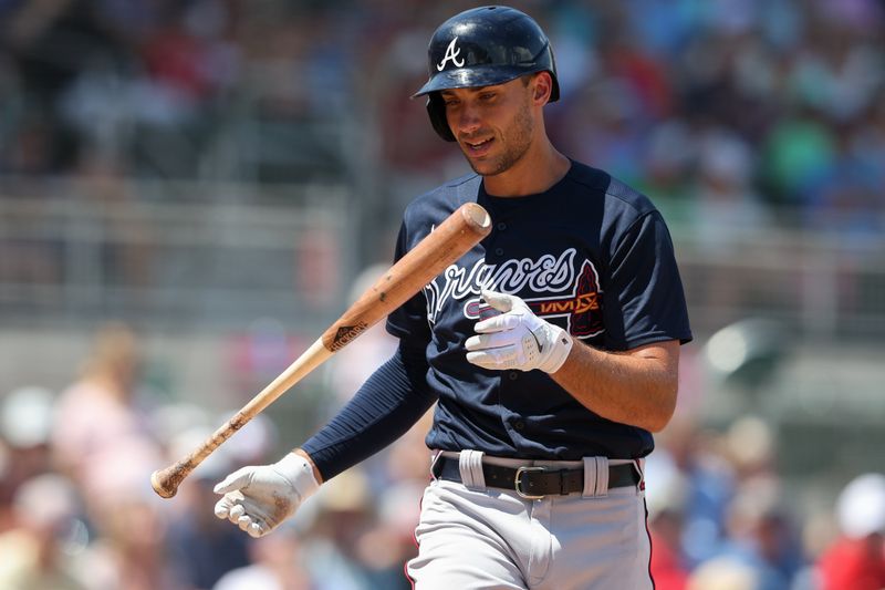 Mar 28, 2023; Fort Myers, Florida, USA;  Atlanta Braves first baseman Matt Olson (28) strikes out against the Boston Red Sox in the fourth inning during spring training at JetBlue Park at Fenway South. Mandatory Credit: Nathan Ray Seebeck-USA TODAY Sports