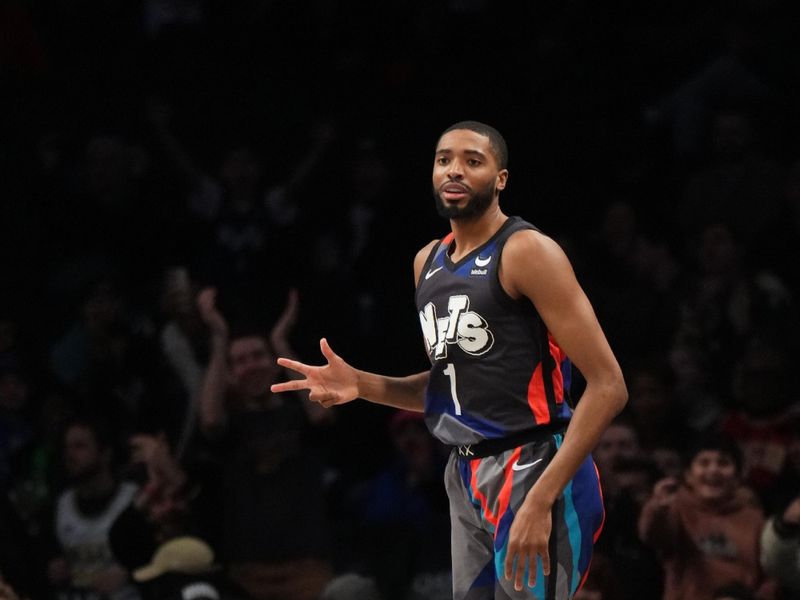 BROOKLYN, NY - JANUARY 27: Mikal Bridges #1 of the Brooklyn Nets celebrates during the game against the Houston Rockets on January 27, 2024 at Barclays Center in Brooklyn, New York. NOTE TO USER: User expressly acknowledges and agrees that, by downloading and or using this Photograph, user is consenting to the terms and conditions of the Getty Images License Agreement. Mandatory Copyright Notice: Copyright 2024 NBAE (Photo by Jesse D. Garrabrant/NBAE via Getty Images)