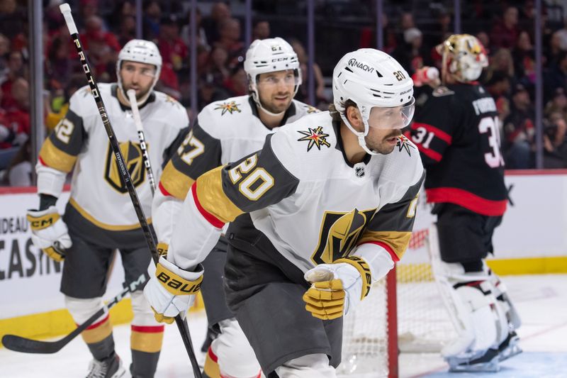 Feb 22, 2024; Ottawa, Ontario, CAN; Vegas Golden Knights center Chandler Stephenson skates to the bench following his goal scored in the secont period  against the Ottawa Senators at the Canadian Tire Centre. Mandatory Credit: Marc DesRosiers-USA TODAY Sports