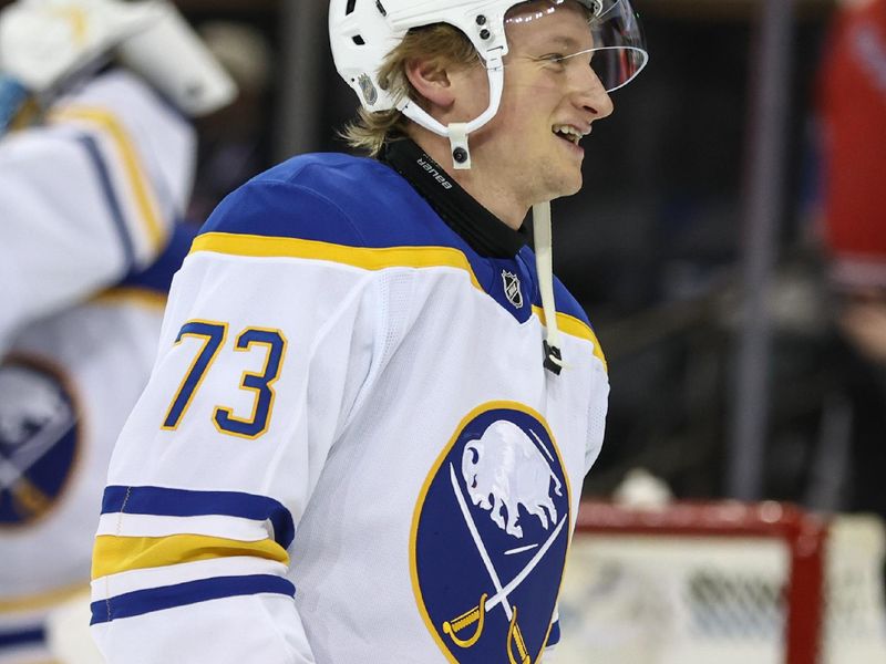Jan 8, 2026; New York, New York, USA;  Buffalo Sabres defenseman Zach Metsa (73) skates off the ice after defeating the New York Rangers 5-2 at Madison Square Garden. Mandatory Credit: Wendell Cruz-Imagn Images