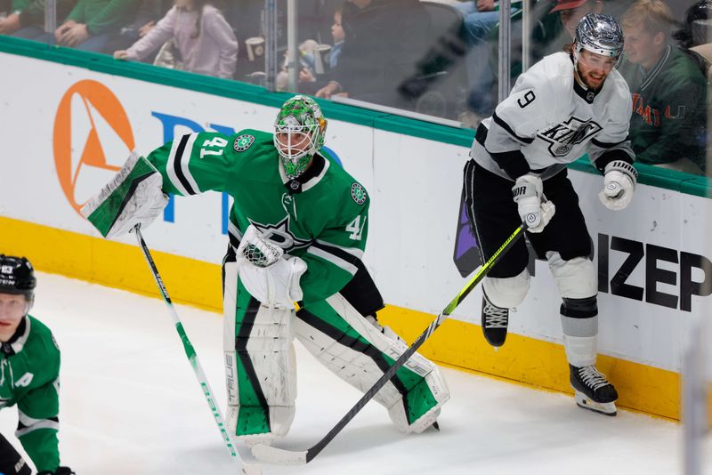 Mar 16, 2024; Dallas, Texas, USA; Dallas Stars goaltender Scott Wedgewood (41) and Los Angeles Kings right wing Adrian Kempe (9) go after a loose puck behind the net during the second period at American Airlines Center. Mandatory Credit: Andrew Dieb-USA TODAY Sports