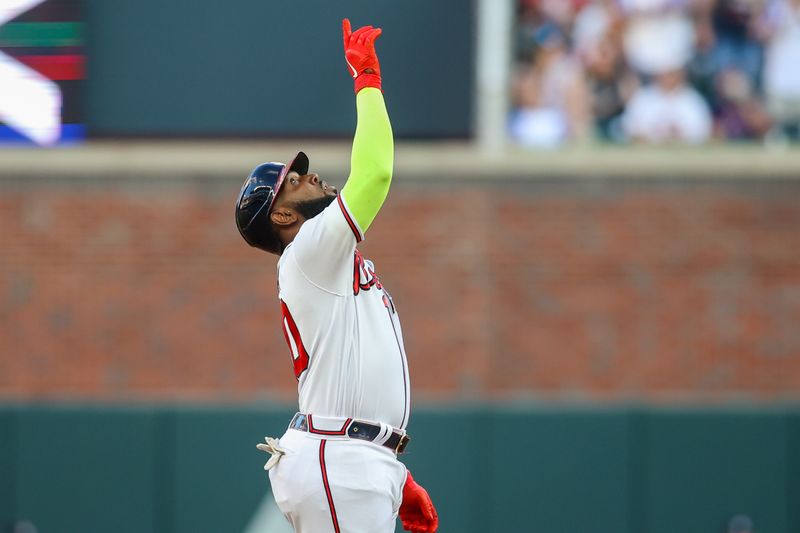 Aug 16, 2023; Atlanta, Georgia, USA; Atlanta Braves designated hitter Marcell Ozuna (20) reacts after a double against the New York Yankees in the second inning at Truist Park. Mandatory Credit: Brett Davis-USA TODAY Sports
