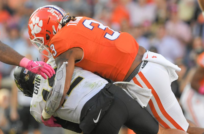 Oct 7, 2023; Clemson, South Carolina, USA; Clemson Tigers defensive end Xavier Thomas (3) sacks Wake Forest Demon Deacons quarterback Mitch Griffis (12) during the fourth quarter at Memorial Stadium. Mandatory Credit: Ken Ruinard-USA TODAY Sports