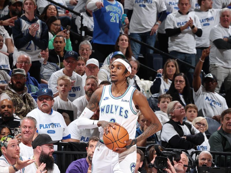 MINNEAPOLIS, MN -  APRIL 20: Jaden McDaniels #3 of the Minnesota Timberwolves looks on during the game against the Phoenix Suns during Round 1 Game 1 of the 2024 NBA Playoffs on April 20, 2024 at Target Center in Minneapolis, Minnesota. NOTE TO USER: User expressly acknowledges and agrees that, by downloading and or using this Photograph, user is consenting to the terms and conditions of the Getty Images License Agreement. Mandatory Copyright Notice: Copyright 2024 NBAE (Photo by David Sherman/NBAE via Getty Images)