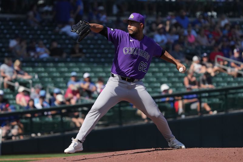 Feb 25, 2026; Mesa, Arizona, USA; Colorado Rockies pitcher Jose Quintana (62) throws against the Chicago Cubs in the first inning at Sloan Park. Mandatory Credit: Rick Scuteri-Imagn Images