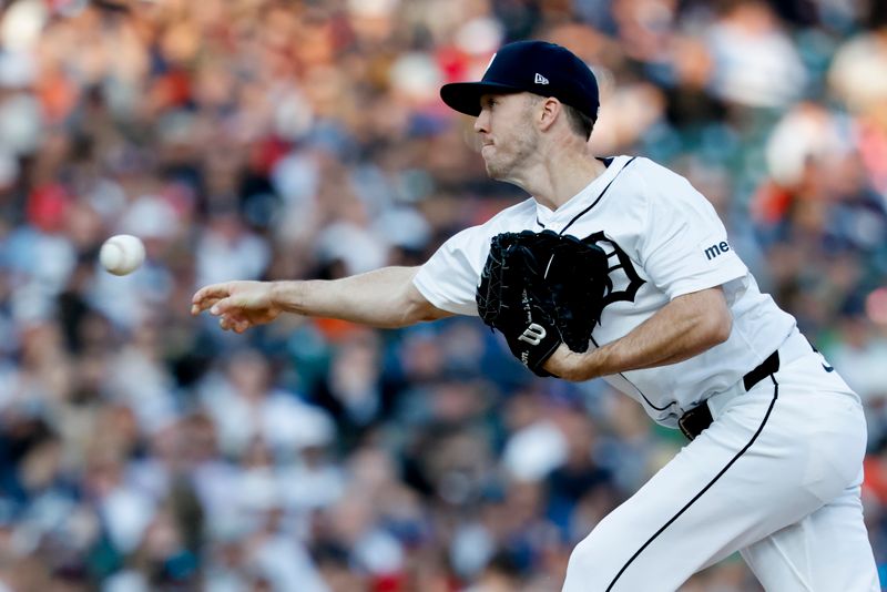May 10, 2025; Detroit, Michigan, USA;  Detroit Tigers relief pitcher Chase Lee (53) pitches in the fifth inning against the Texas Rangers at Comerica Park. Mandatory Credit: Rick Osentoski-Imagn Images
