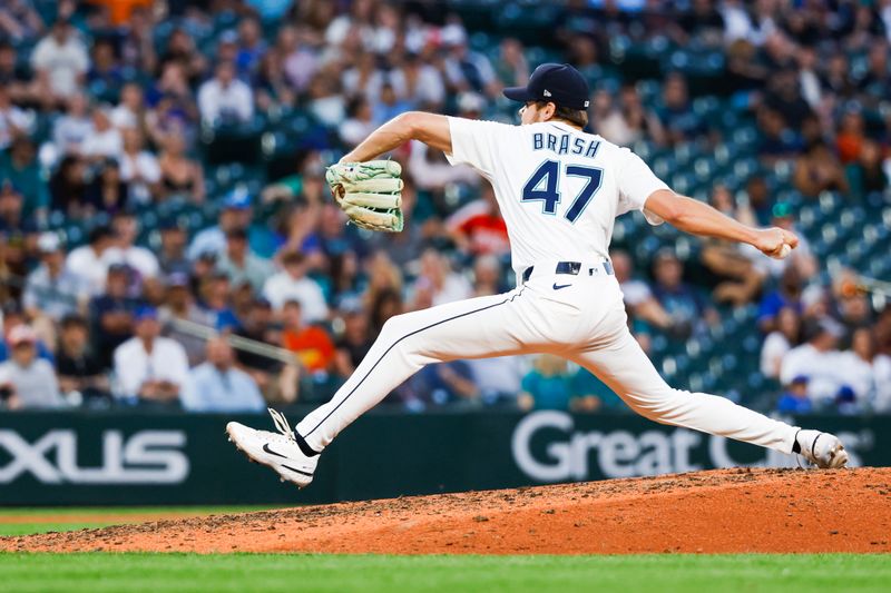 Jun 30, 2025; Seattle, Washington, USA; Seattle Mariners pitcher Matt Brash (47) throws against the Kansas City Royals during the ninth inning at T-Mobile Park. Mandatory Credit: Joe Nicholson-Imagn Images