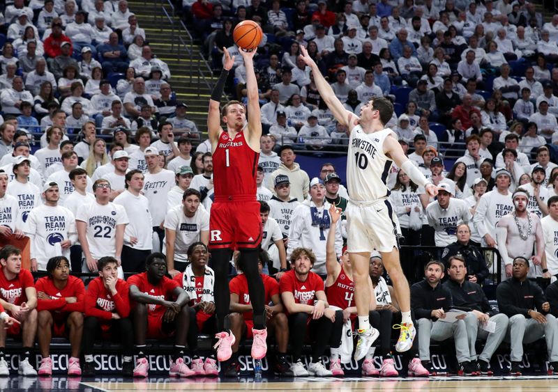 Feb 26, 2023; University Park, Pennsylvania, USA; Rutgers Scarlet Knights forward Oskar Palmquist (1) shoots the ball as Penn State Nittany Lions guard Andrew Funk (10) defends during the second half at Bryce Jordan Center. Rutgers defeated Penn State 59-56. Mandatory Credit: Matthew OHaren-USA TODAY Sports