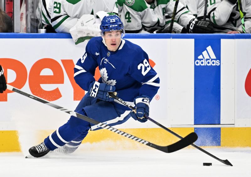 Feb 7, 2024; Toronto, Ontario, CAN; Toronto Maple Leafs forward Pontus Holmberg (29) skates with the puck against the Dallas Stars in the third period at Scotiabank Arena. Mandatory Credit: Dan Hamilton-USA TODAY Sports