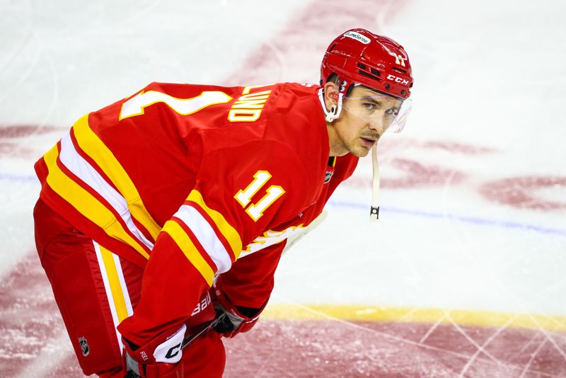 Oct 12, 2024; Calgary, Alberta, CAN; Calgary Flames center Mikael Backlund (11) during the warmup period against the Philadelphia Flyers at Scotiabank Saddledome. Mandatory Credit: Sergei Belski-Imagn Images