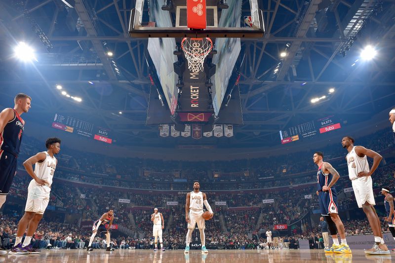 CLEVELAND, OH - MARCH 17: Donovan Mitchell #45 of the Cleveland Cavaliers prepares to shoot a free throw against the Washington Wizards  on March 17, 2023 at Rocket Mortgage FieldHouse in Cleveland, Ohio. NOTE TO USER: User expressly acknowledges and agrees that, by downloading and/or using this Photograph, user is consenting to the terms and conditions of the Getty Images License Agreement. Mandatory Copyright Notice: Copyright 2023 NBAE (Photo by David Liam Kyle/NBAE via Getty Images)