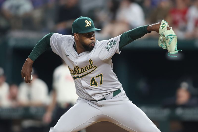 Aug 30, 2024; Arlington, Texas, USA; Oakland Athletics pitcher Michel Otañez (47) throws a pitch in the eighth inning against the Texas Rangers at Globe Life Field. Mandatory Credit: Tim Heitman-USA TODAY Sports