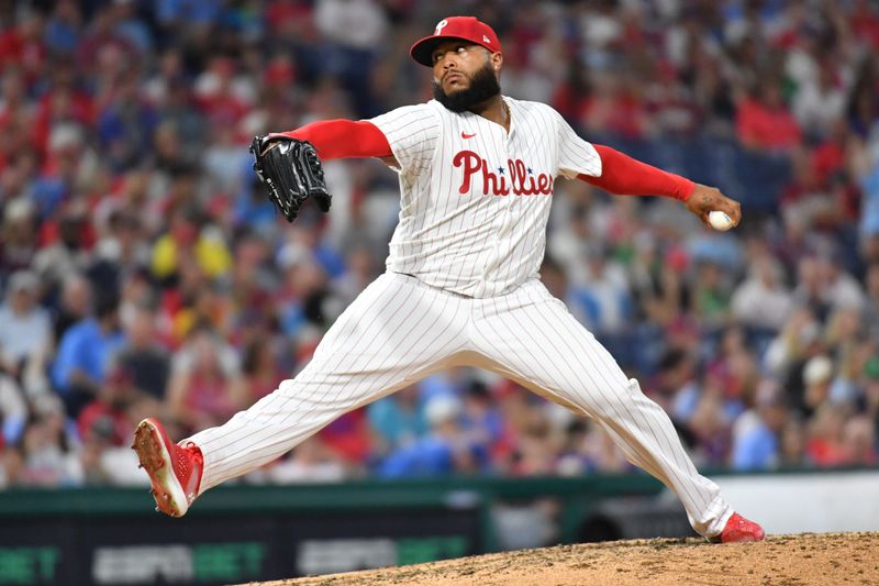 Jun 3, 2024; Philadelphia, Pennsylvania, USA; Philadelphia Phillies pitcher José Alvarado (46) throws a pitch against the Milwaukee Brewers at Citizens Bank Park. Mandatory Credit: Eric Hartline-USA TODAY Sports