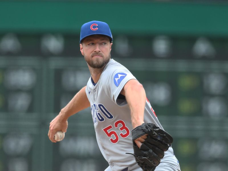 May 1, 2025; Pittsburgh, Pennsylvania, USA;  Chicago Cubs starting pitcher Colin Rea (53) delivers a pitch against the Pittsburgh Pirates during the first inning at PNC Park. Mandatory Credit: Charles LeClaire-Imagn Images