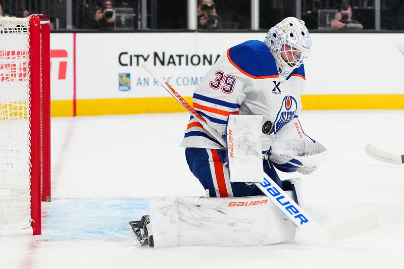 Mar 8, 2026; Las Vegas, Nevada, USA; Edmonton Oilers goaltender Connor Ingram (39) makes a save against the Vegas Golden Knights during the first period at T-Mobile Arena. Mandatory Credit: Stephen R. Sylvanie-Imagn Images
