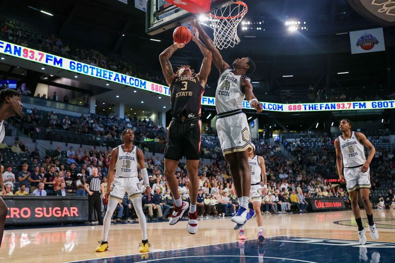 Mar 2, 2024; Atlanta, Georgia, USA; Florida State Seminoles forward Cam Corhen (3) shoots past Georgia Tech Yellow Jackets guard Kowacie Reeves Jr. (14) in the first half at McCamish Pavilion. Mandatory Credit: Brett Davis-USA TODAY Sports
