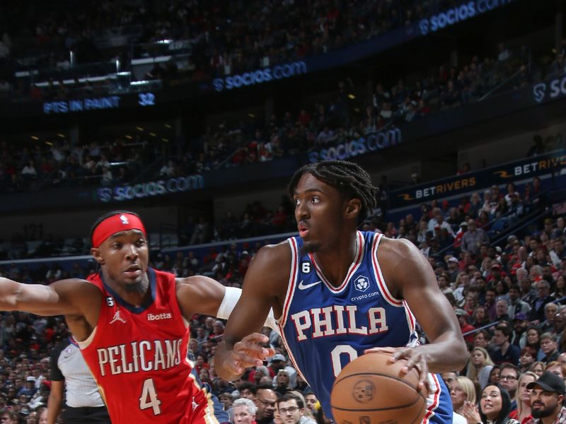 NEW ORLEANS, LA - DECEMBER 30: Tyrese Maxey #0 of the Philadelphia 76ers drives to the basket during the game against the New Orleans Pelicans on December 30, 2022 at the Smoothie King Center in New Orleans, Louisiana. NOTE TO USER: User expressly acknowledges and agrees that, by downloading and or using this Photograph, user is consenting to the terms and conditions of the Getty Images License Agreement. Mandatory Copyright Notice: Copyright 2022 NBAE (Photo by Layne Murdoch Jr./NBAE via Getty Images)