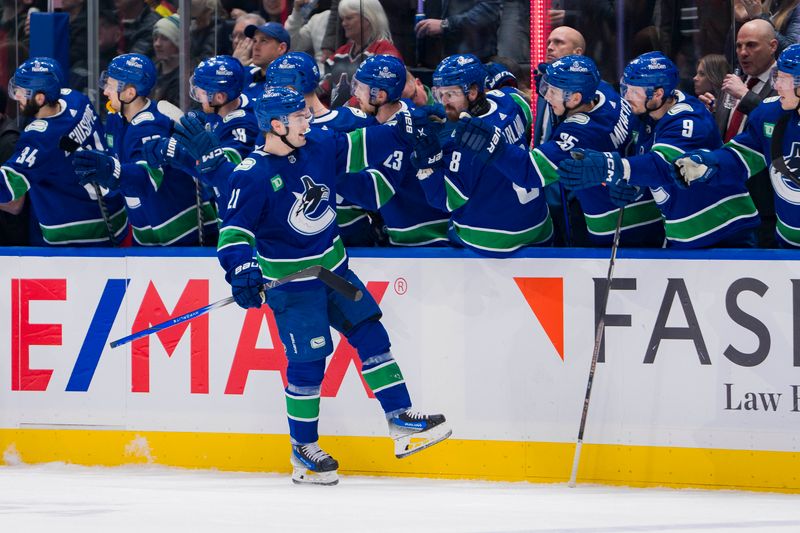 Mar 9, 2024; Vancouver, British Columbia, CAN; Vancouver Canucks forward Nils Hoglander (21) celebrates his goal against the Winnipeg Jets in the first period at Rogers Arena. Mandatory Credit: Bob Frid-USA TODAY Sports