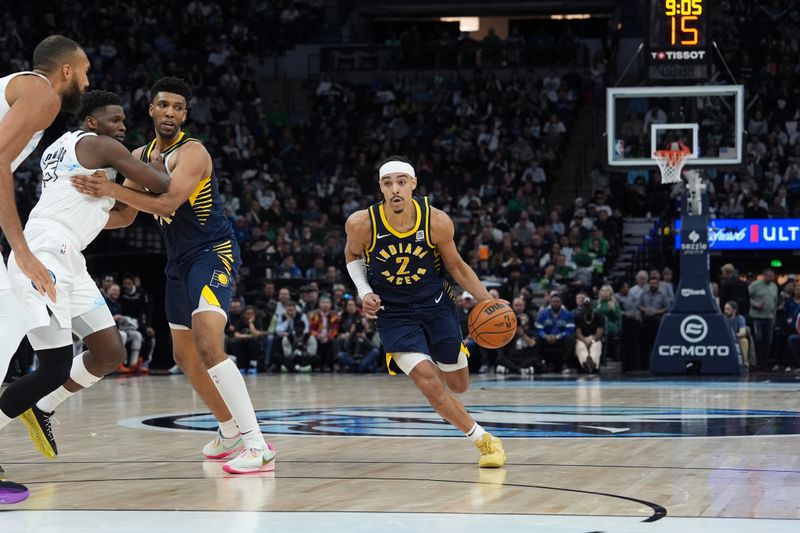 MINNEAPOLIS, MN -  MARCH 17: Andrew Nembhard #2 of the Indiana Pacers drives to the basket during the game against the Minnesota Timberwolves on March 17, 2025 at Target Center in Minneapolis, Minnesota. NOTE TO USER: User expressly acknowledges and agrees that, by downloading and or using this Photograph, user is consenting to the terms and conditions of the Getty Images License Agreement. Mandatory Copyright Notice: Copyright 2025 NBAE (Photo by Jordan Johnson/NBAE via Getty Images)