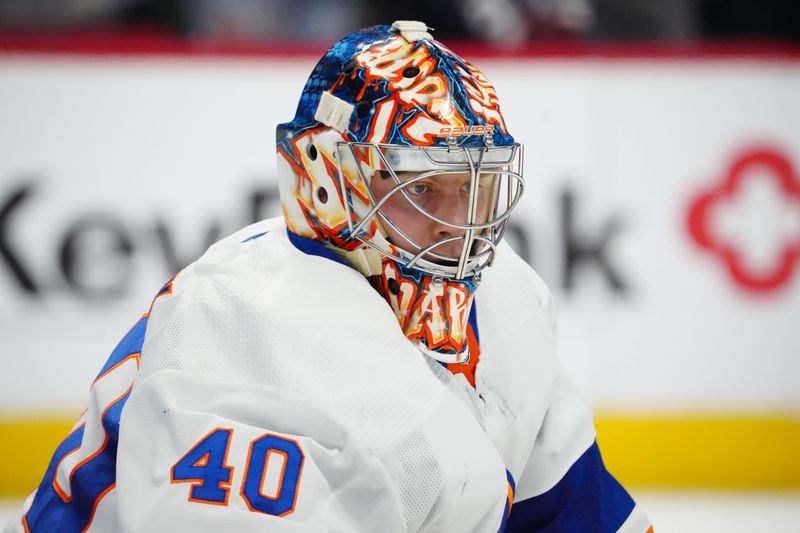 Jan 2, 2024; Denver, Colorado, USA; New York Islanders goaltender Semyon Varlamov (40) before the game Colorado Avalanche at Ball Arena. Mandatory Credit: Ron Chenoy-USA TODAY Sports