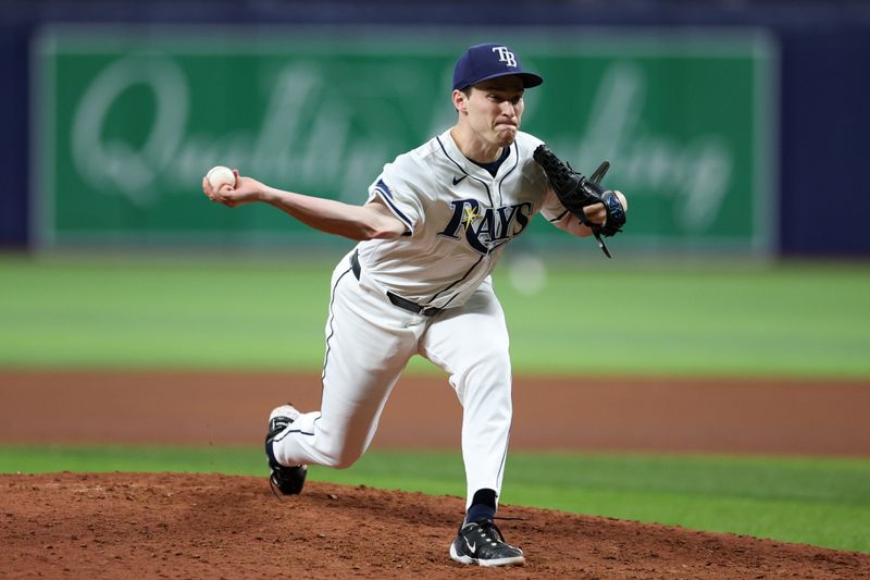 Sep 2, 2024; St. Petersburg, Florida, USA; Tampa Bay Rays pitcher Kevin Kelly (49) throws a pitch against the Minnesota Twins in the fifth inning at Tropicana Field. Mandatory Credit: Nathan Ray Seebeck-USA TODAY Sports