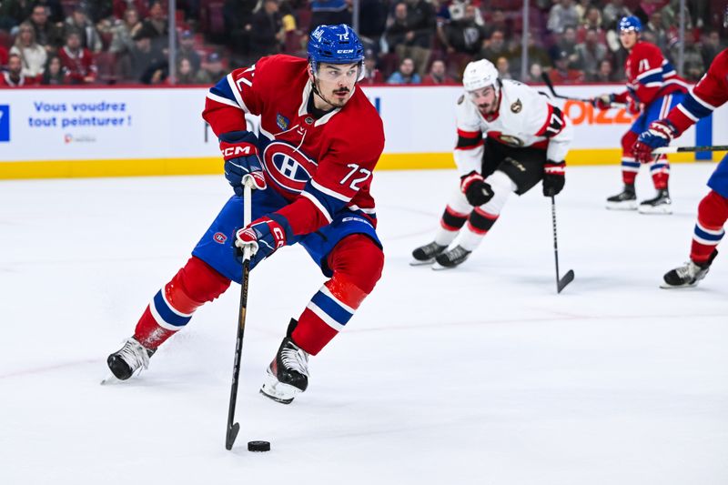 Oct 1, 2024; Montreal, Quebec, CAN; Montreal Canadiens defenseman Arber Xhekaj (72) plays the puck against the Ottawa Senators during the first period at Bell Centre. Mandatory Credit: David Kirouac-Imagn Images