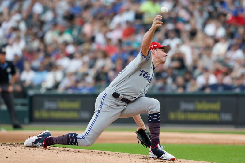 Jul 4, 2023; Chicago, Illinois, USA; Toronto Blue Jays starting pitcher Chris Bassitt (40) delivers a pitch against the Chicago White Sox during the first inning at Guaranteed Rate Field. Mandatory Credit: Kamil Krzaczynski-USA TODAY Sports