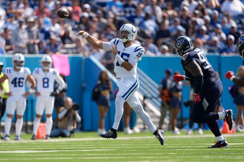 Indianapolis Colts quarterback Joe Flacco (15) throws during the first half of an NFL football game against the Tennessee Titans, Sunday, Oct. 13, 2024, in Nashville, Tenn. (AP Photo/George Walker IV)