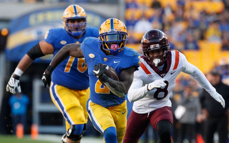 Oct 8, 2022; Pittsburgh, Pennsylvania, USA; Pittsburgh Panthers running back Israel Abanikanda (2) runs on his way to scoring his second touchdown of the game against the Virginia Tech Hokies during the third quarter at Acrisure Stadium. Mandatory Credit: Charles LeClaire-USA TODAY Sports