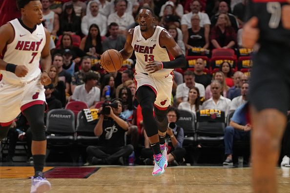 MIAMI, FL - OCTOBER 25: Bam Adebayo #13 of the Miami Heat dribbles the ball against the Detroit Pistons on October 25, 2023 at Kaseya Center in Miami, Florida. NOTE TO USER: User expressly acknowledges and agrees that, by downloading and or using this Photograph, user is consenting to the terms and conditions of the Getty Images License Agreement. Mandatory Copyright Notice: Copyright 2023 NBAE (Photo by Eric Espada/NBAE via Getty Images)