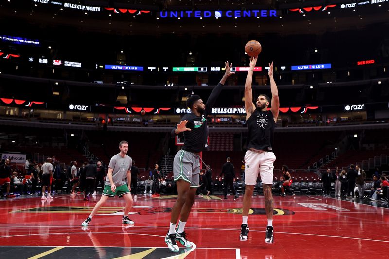 CHICAGO, ILLINOIS - NOVEMBER 29: Jayson Tatum #0 of the Boston Celtics warms up before the game against the Chicago Bulls in the Emirates NBA Cup at the United Center on November 29, 2024 in Chicago, Illinois. (Photo by Luke Hales/Getty Images)