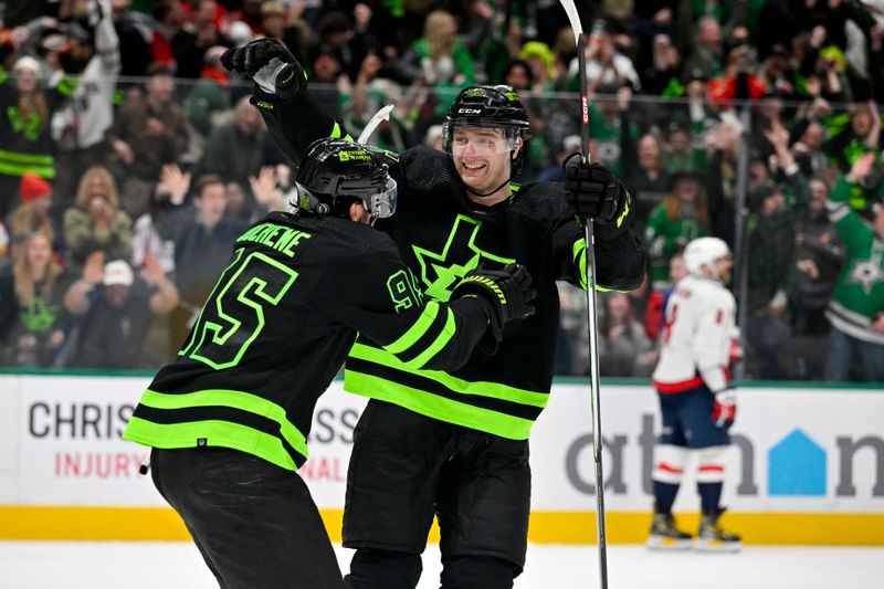 Jan 27, 2024; Dallas, Texas, USA; Dallas Stars center Matt Duchene (95) and defenseman Thomas Harley (55) celebrate after Harley scores the game wining goal during the overtime period as the Stars defeat the Washington Capitals at the American Airlines Center. Mandatory Credit: Jerome Miron-USA TODAY Sports