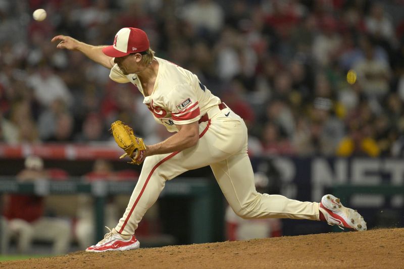 Jun 5, 2024; Anaheim, California, USA;  Los Angeles Angels relief pitcher Ben Joyce (44) delivers to the plate in the eighth inning against the San Diego Padres at Angel Stadium. Mandatory Credit: Jayne Kamin-Oncea-USA TODAY Sports