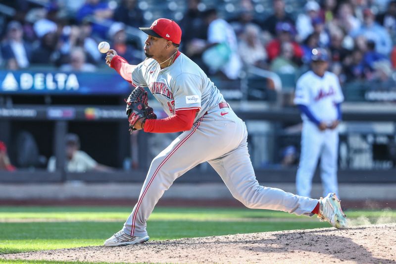 Sep 8, 2024; New York City, New York, USA;  Cincinnati Reds relief pitcher Alexis Diaz (43) pitches in the ninth inning against the New York Mets at Citi Field. Mandatory Credit: Wendell Cruz-Imagn Images