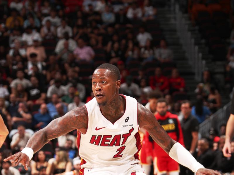 MIAMI, FL - OCTOBER 16: Terry Rozier #2 of the Miami Heat dribbles the ball during the game against the Atlanta Hawks on October 16, 2024 at Miami-Dade Arena in Miami, Florida. NOTE TO USER: User expressly acknowledges and agrees that, by downloading and or using this Photograph, user is consenting to the terms and conditions of the Getty Images License Agreement. Mandatory Copyright Notice: Copyright 2024 NBAE (Photo by Issac Baldizon/NBAE via Getty Images)