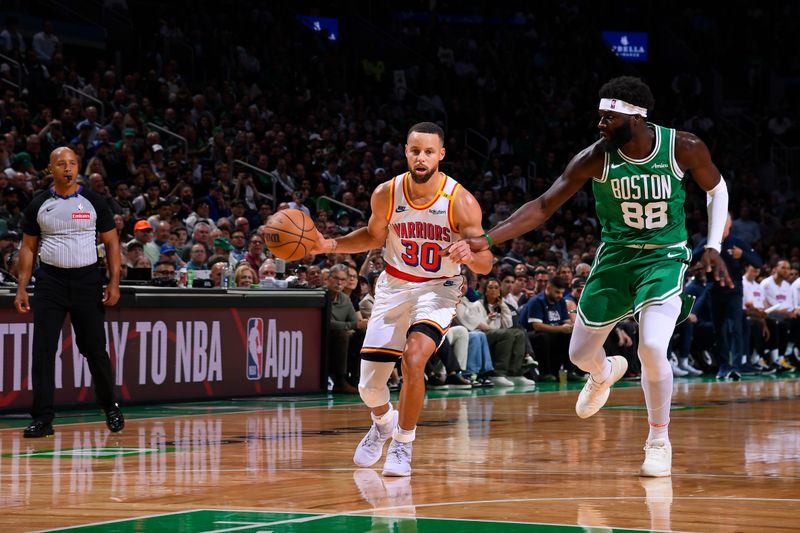 BOSTON, MA - NOVEMBER 6: Stephen Curry #30 of the Golden State Warriors dribbles the ball during the game against the Boston Celtics on November 6, 2024 at TD Garden in Boston, Massachusetts. NOTE TO USER: User expressly acknowledges and agrees that, by downloading and/or using this Photograph, user is consenting to the terms and conditions of the Getty Images License Agreement. Mandatory Copyright Notice: Copyright 2024 NBAE (Photo by Brian Babineau/NBAE via Getty Images)