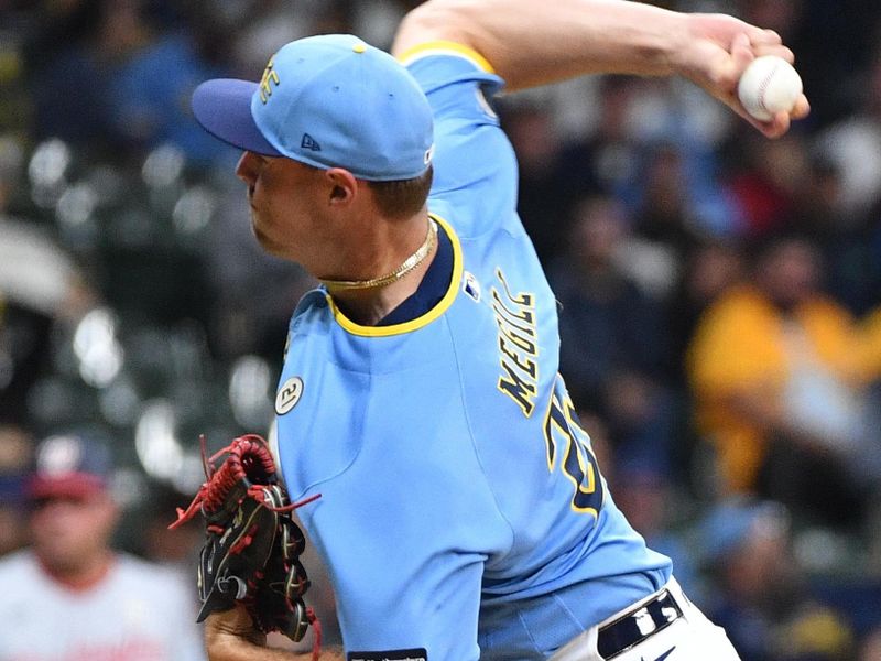 Sep 15, 2023; Milwaukee, Wisconsin, USA;  Milwaukee Brewers relief pitcher Trevor Megill (29) delivers a pitch against the Washington Nationals in the sixth inning at American Family Field. Mandatory Credit: Michael McLoone-USA TODAY Sports