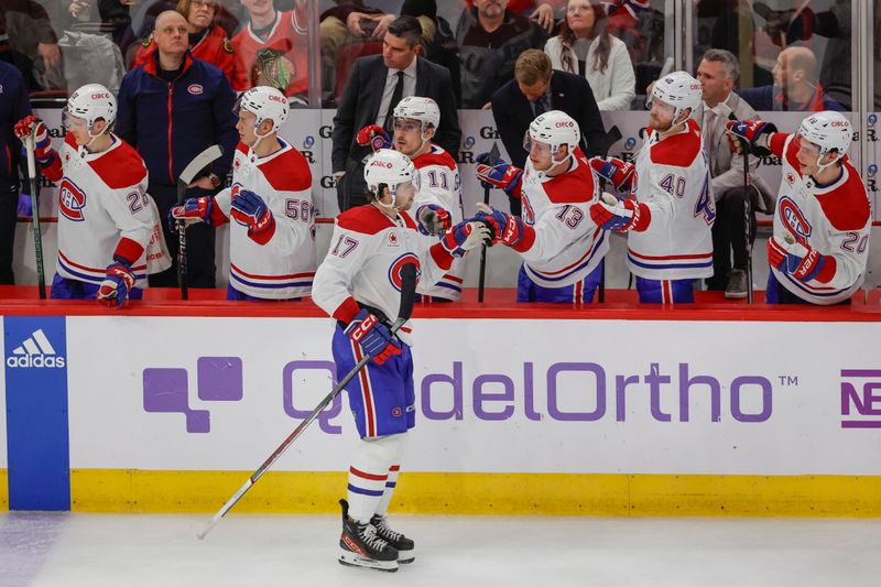 Dec 22, 2023; Chicago, Illinois, USA; Montreal Canadiens right wing Josh Anderson (17) celebrates with teammates after a goal against the Chicago Blackhawks during the second period at United Center. Mandatory Credit: Kamil Krzaczynski-USA TODAY Sports