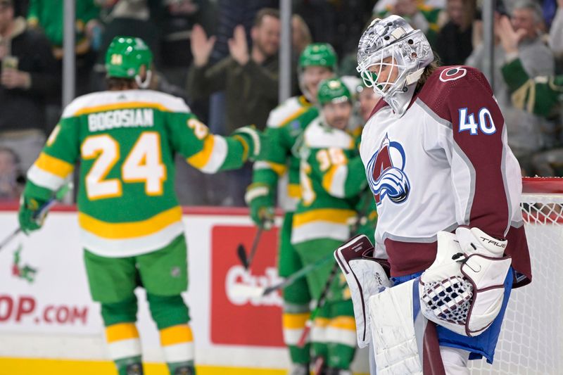 Nov 24, 2023; Saint Paul, Minnesota, USA; Colorado Avalanche goalie Alexandar Georgiev (40) reacts after giving up a goal to Minnesota Wild forward Kirill Kaprizov (97) during the second period at Xcel Energy Center. Mandatory Credit: Nick Wosika-USA TODAY Sports