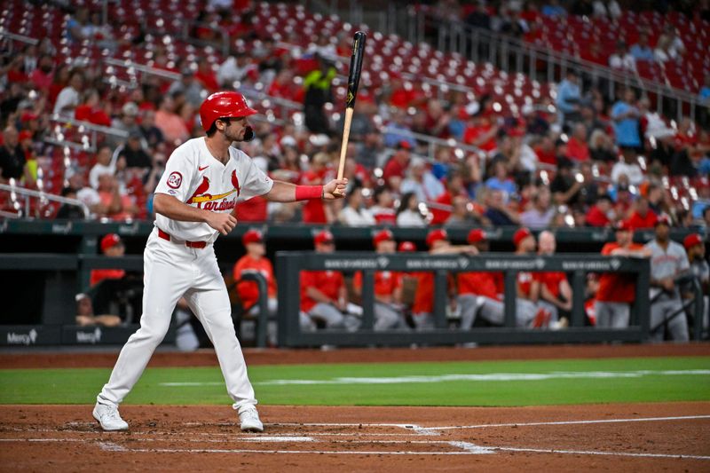 Sep 10, 2024; St. Louis, Missouri, USA;  St. Louis Cardinals shortstop Thomas Saggese (25) bats in his Major League debut during the second inning against the Cincinnati Reds at Busch Stadium. Mandatory Credit: Jeff Curry-Imagn Images