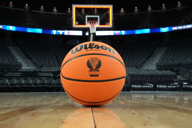 Mar 15, 2024; Las Vegas, NV, USA; A NCAA Wilson evo NXT official game basketball with the Pac-12 Conference logo at T-Mobile Arena. Mandatory Credit: Kirby Lee-USA TODAY Sports