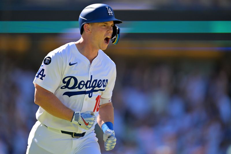 Aug 31, 2025; Los Angeles, California, USA;  Los Angeles Dodgers catcher Will Smith (16) celebrates as he rounds the bases on a walk-off home run in the ninth inning against the Arizona Diamondbacks at Dodger Stadium. Mandatory Credit: Jayne Kamin-Oncea-Imagn Images