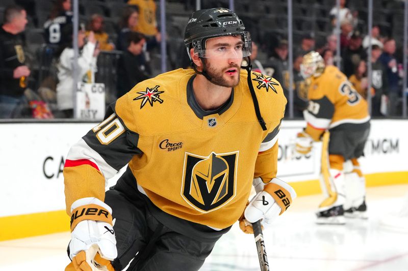 Nov 29, 2024; Las Vegas, Nevada, USA; Vegas Golden Knights center Nicolas Roy (10) warms up before a game against the Winnipeg Jets at T-Mobile Arena. Mandatory Credit: Stephen R. Sylvanie-Imagn Images