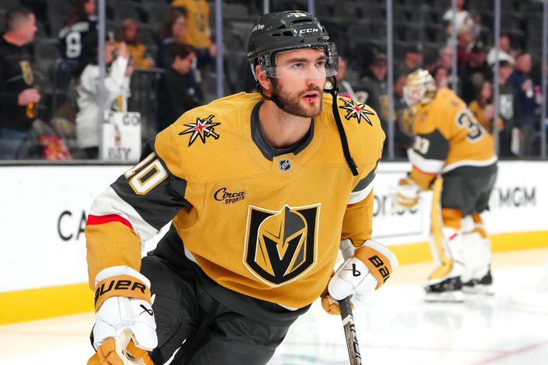 Nov 29, 2024; Las Vegas, Nevada, USA; Vegas Golden Knights center Nicolas Roy (10) warms up before a game against the Winnipeg Jets at T-Mobile Arena. Mandatory Credit: Stephen R. Sylvanie-Imagn Images