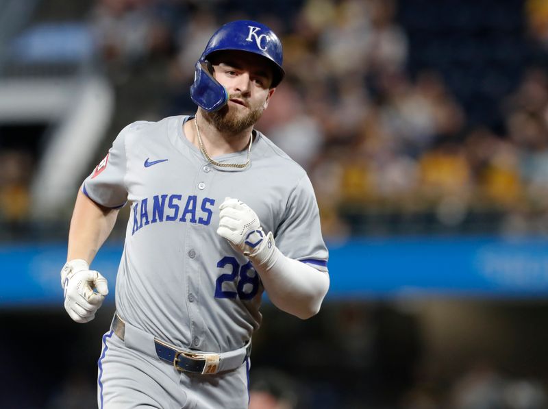 Sep 13, 2024; Pittsburgh, Pennsylvania, USA;  Kansas City Royals center fielder Kyle Isbel (28) circles the bases on a solo run home run against the Pittsburgh Pirates during the fourth inning at PNC Park. Mandatory Credit: Charles LeClaire-Imagn Images