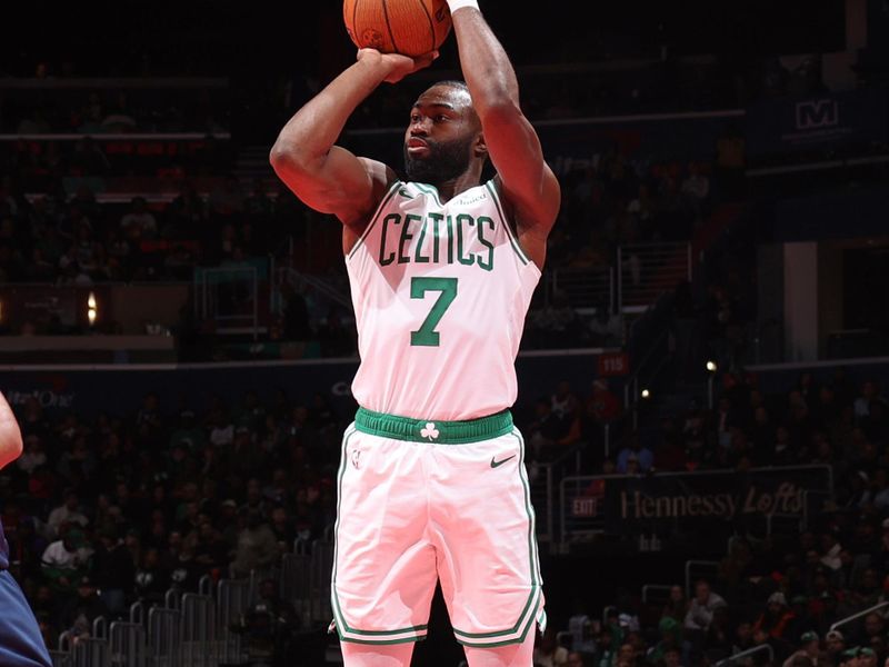 WASHINGTON, DC -? NOVEMBER 22: Jaylen Brown #7 of the Boston Celtics shoots a three point basket during the game against the Washington Wizards during the Emirates NBA Cup game on November 22, 2024 at Capital One Arena in Washington, DC. NOTE TO USER: User expressly acknowledges and agrees that, by downloading and or using this Photograph, user is consenting to the terms and conditions of the Getty Images License Agreement. Mandatory Copyright Notice: Copyright 2024 NBAE (Photo by Stephen Gosling/NBAE via Getty Images)